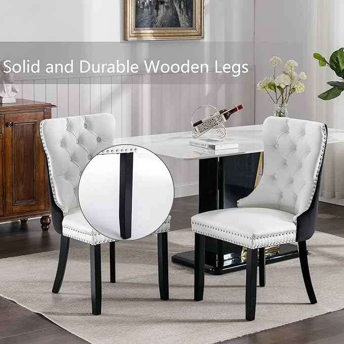 Dining Room Chairs Set of 4, Upholstered Dining Chairs with Back Ring Pull Trim and Solid Wood Legs, Modern Tufted Kitchen Chairs for Dining Room, White Pu Leather Splicing Black Velvet