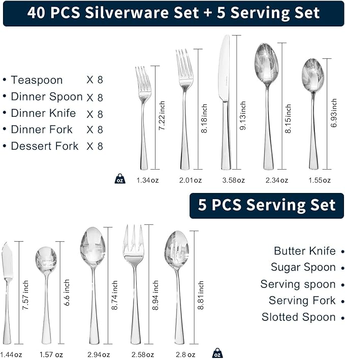 KINGSTONE Silverware Set for 8, 45-Piece Forged 18/10 Stainless Steel Flatware Set with Serving Utensils, Mirror Finish Cutlery Set Dishwasher Safe for Home, Restaurant, Wedding, Party
