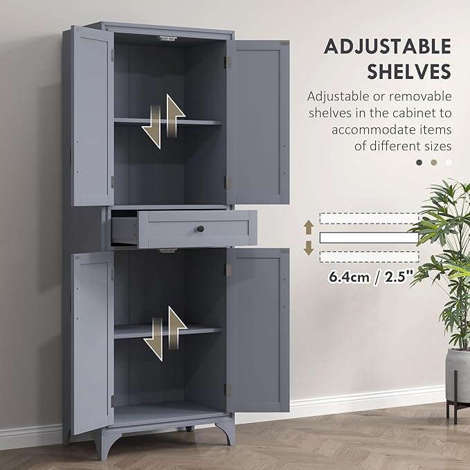 HOMCOM 67" Tall Freestanding Kitchen Pantry Cabinet, 4-Door Storage Cabinet with Drawer and Adjustable Shelves for Dining Room, Gray