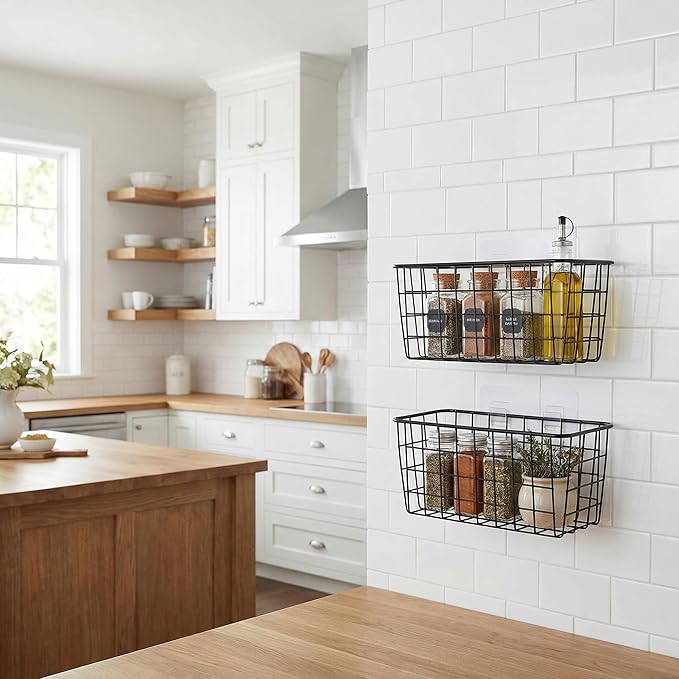 2 Set Adhesive Hanging Wall Basket Inside Cabinet Door Organizer,Wall Storage Basket-No Drilling Adhesive wall Basket for Cupboard Door,Space-Saving Small Hanging Baskets for Wall Mount Storage,Black