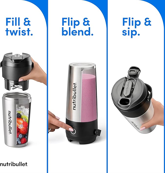 nutribullet Flip Portable Blender with Insulated Cup, Cordless, Brushed Stainless, NBPB50350SS