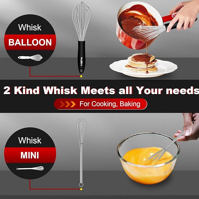Stainless Steel Whisk Set with 7"+5" Mini whisks, Walfos Heavy Duty Whisks, Kitchen wisk (7+9+11in) Premium for Whisking, Blending, Beating, Frothing & Stirring.