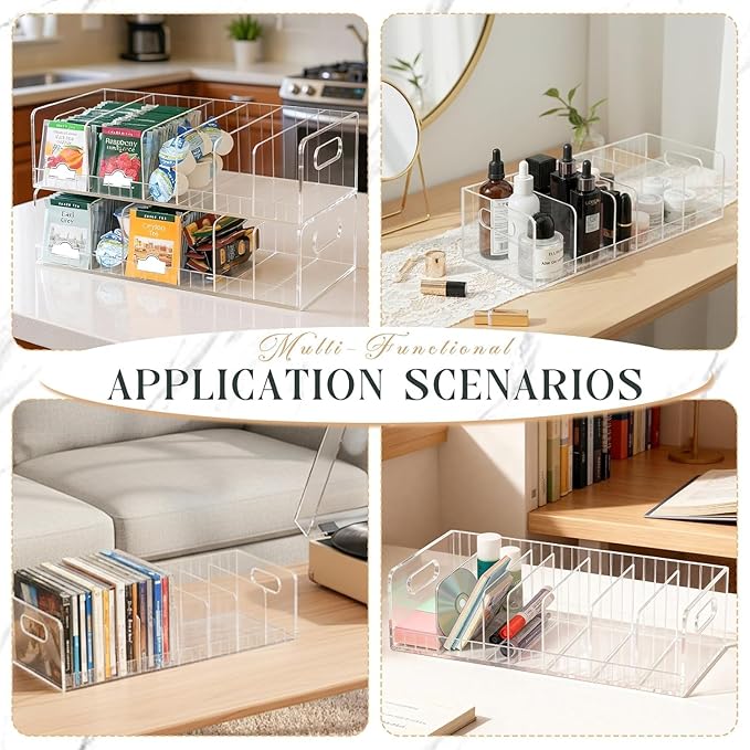 Acrylic Tea Bag Organizer with Adjustable Dividers, 2 Tier Tea Bag Holder Stackable & Wall Mount Storage Box, Custom Compartments Fit All Size Tea Bags for Drawer, Cabinet, Countertop Organization