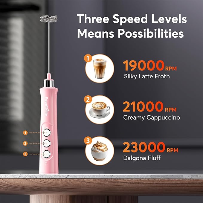FoodVille MF02 Rechargeable Milk Frother Handheld Foam Maker with Stainless Whisk for Cappuccino, Latte, Bulletproof Coffee, Keto Diet, Protein Powder, Matcha (Coral Pink)