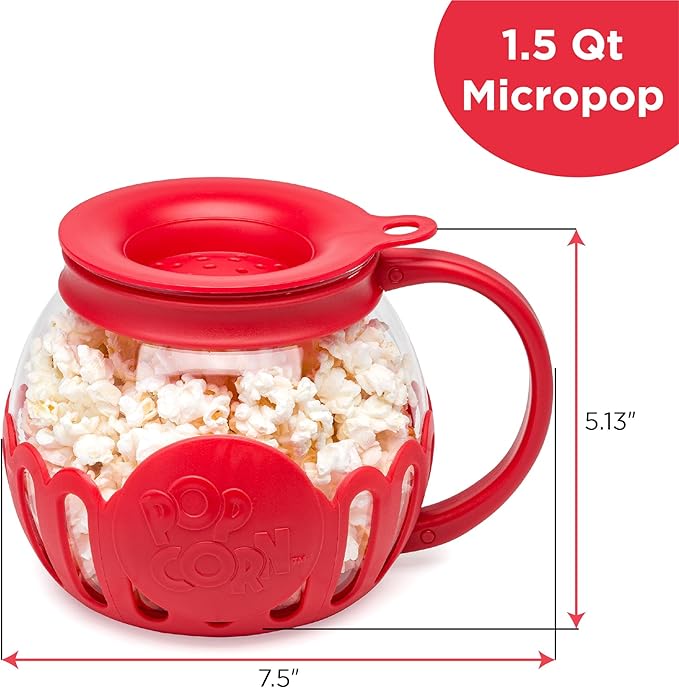 Ecolution Patented Micro-Pop Microwave Popcorn Popper with Temperature Safe Glass, 3-in-1 Lid Measures Kernels and Melts Butter, Made Without BPA, Dishwasher Safe, 1.5-Quart, Red (Pack of 4)