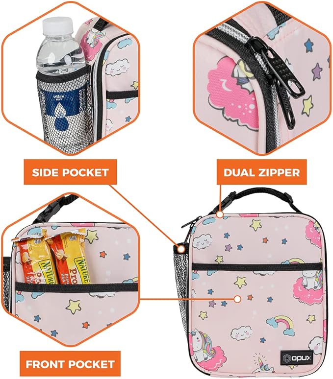 opux Premium Insulated Lunch Box, Soft School Lunch Bag for Kids Girls, Leakproof Small Lunch Pail Women Work, Reusable Compact Cooler Tote Lunchbox for Office, Pink Unicorn