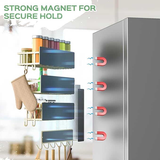 5 Pack Multifunctional Magnetic Shelves for Refrigerator Spice Rack & Washing Machine Organize, Include Paper Towel Holder, Kitchen Utensil Hanger and Hooks, Strong Magnet for Secure Hold (Cream)