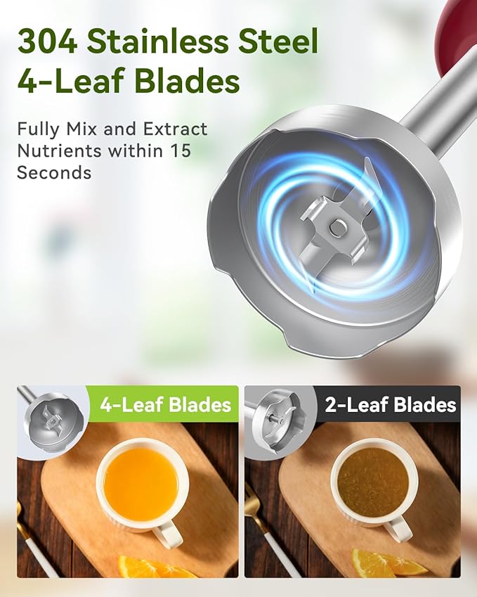 Immersion Blender 5 in 1 Hand Blender, Abuler 1000W Hand Mixer Stick,12 Speed Handheld Blender 304 Stainless Steel with 600ml Mixing Beaker, 500ml Chopper, Whisk and Milk Frother for Soup, Baby Food