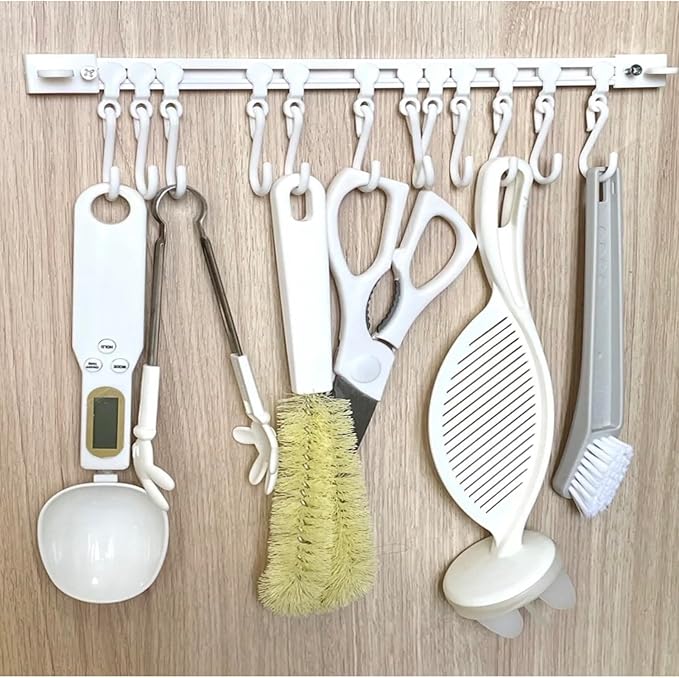 2Pcs Multifunctional Slide Rail Hook, Adhesive Wall Hooks Rack Kitchen Rail, Space Saving Utensil Rack with 10 Hooks No Drilling Hanger for Bathroom Kitchen Bedroom Office(40cm/15.7in)
