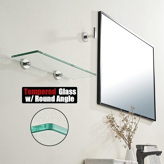 JQK Bathroom Glass Shelf Chrome, Tempered Glass Shower Storage 14 by 5 inches, 304 Stainless Steel Polished Chrome Wall Mount, TGS101L14-CH