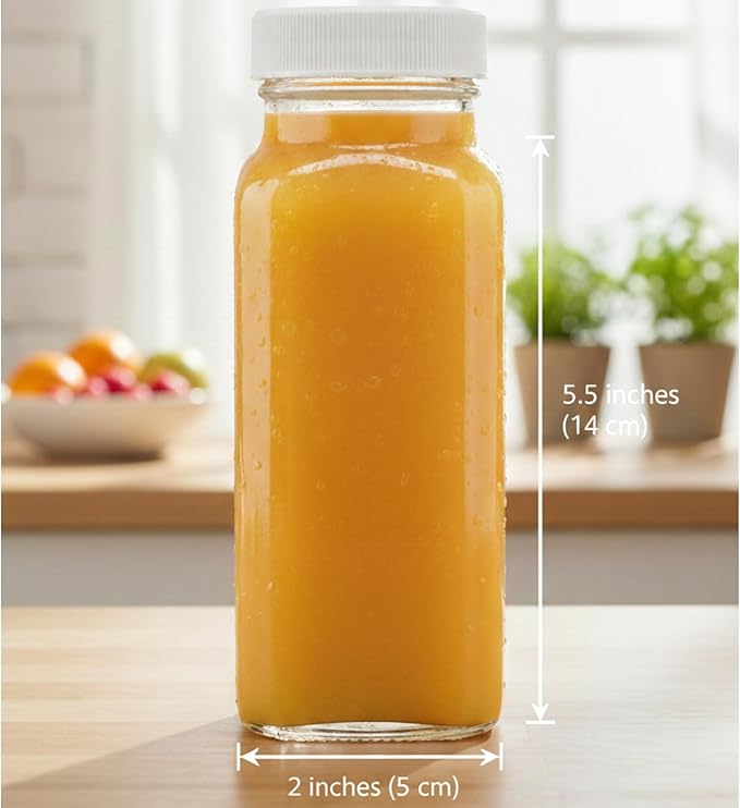 kitchentoolz 8oz Square Glass Juice Shot Bottle with Lid – 2 Pack 8 oz Milk Glass Bottles with Lids for Lunch Box, Airtight Reusable Drinking Jars for Smoothies, Yogurt, Kefir, Juice & Water