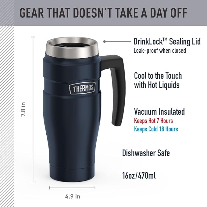 THERMOS Stainless King Vacuum-Insulated Travel Mug with Handle - 16oz, Midnight Blue - Thermos Tumbler for Hot & Cold Drinks - Leak & Sweat-Proof Stainless Steel Coffee Mug with Lid for Commuting