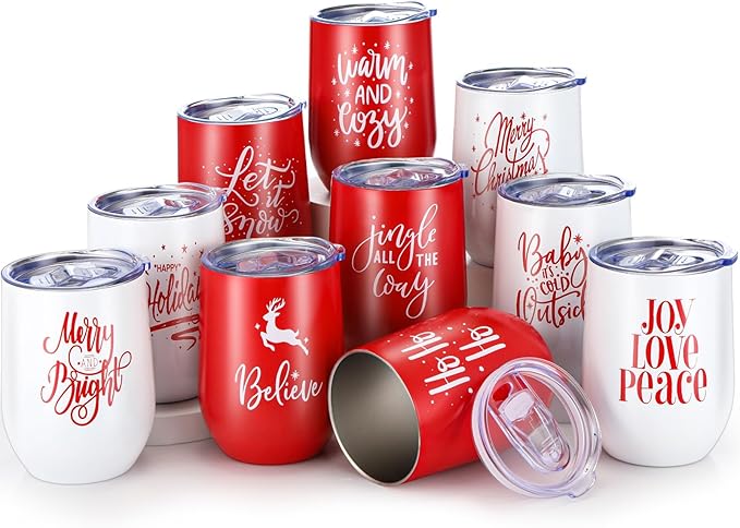 Uiifan 10 Pack Christmas Tumblers Gifts 12 Oz Xmas Funny Tumbler Christmas Stainless Steel Coffee Mugs Set Xmas Insulated Travel Cup with Straw Lid for Family Xmased Holiday Gift (Red White)