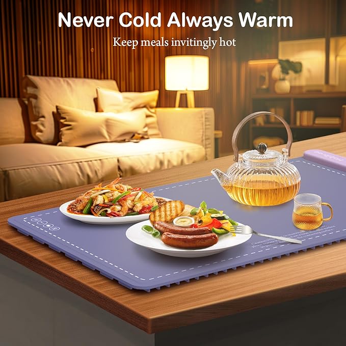 3-Pack Silicone Food Warming Mat & Food Warmers for Parties Buffet - Rapid Heating 6-Level Temp Control, Rollable Portable Easy Clean - Value Set for Gatherings & Home Daily Use（Purple）