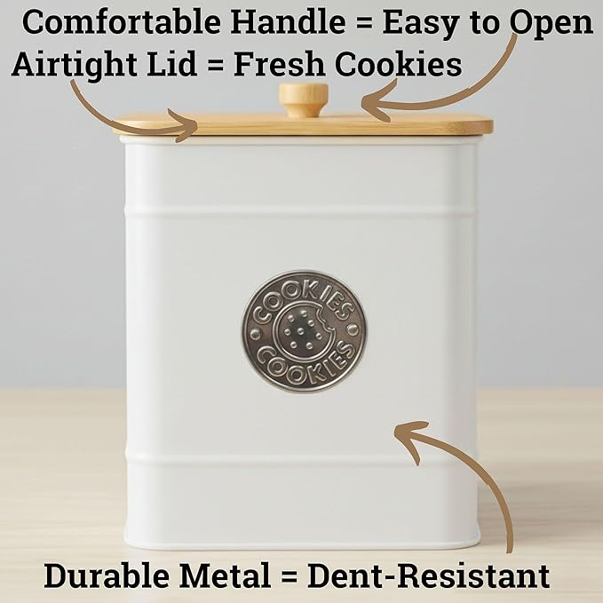 Cookie Jar with Airtight Lid - 1 Gallon - 6"D x 8"H White Iron Cookie Tin with Bamboo Lid - Large Cookie Jars with Lids Airtight - Farmhouse Cookie Jars for Kitchen Counter Decorative - Cookies Jar