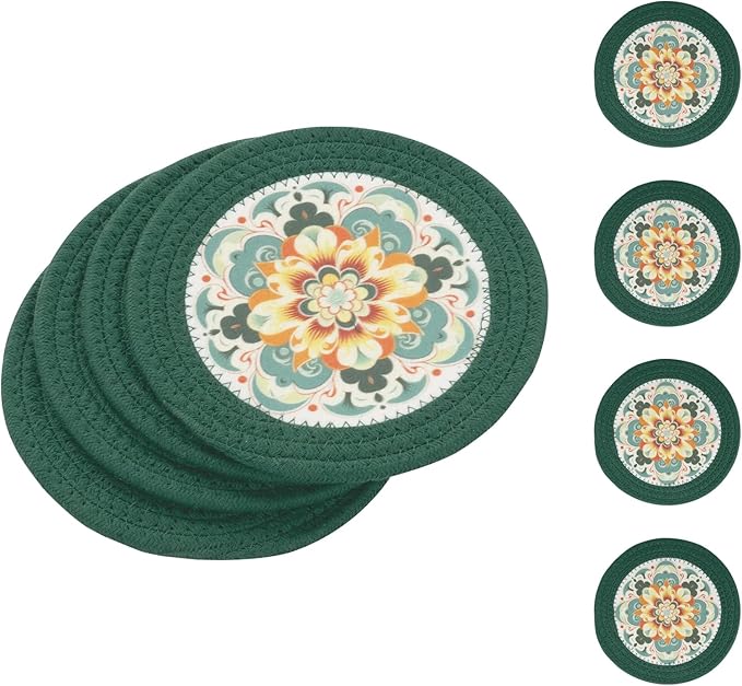 SHACOS 8 Inches Trivets for Hot Dishes, 4 Pieces Cotton and Felt Floral Trivets Mats for Kitchen, Hot Pads for Countertops and Table, Heat-Resistant Pot Holders for Hot Pots and Pans, Dark Green