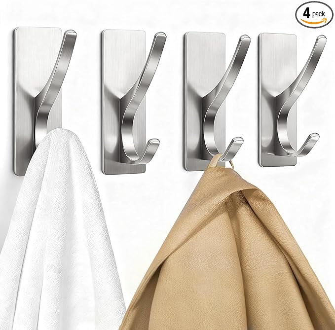 pickpiff Brushed Nickel Self Adhesive Coat Hooks for Hanging: 13LB Extra Strong Stainless Wall Hook for Towel, Utensil, Backpack, Hat, Sturdy Metal Hanger for Bathroom, Kitchen, Door, 4 Pack