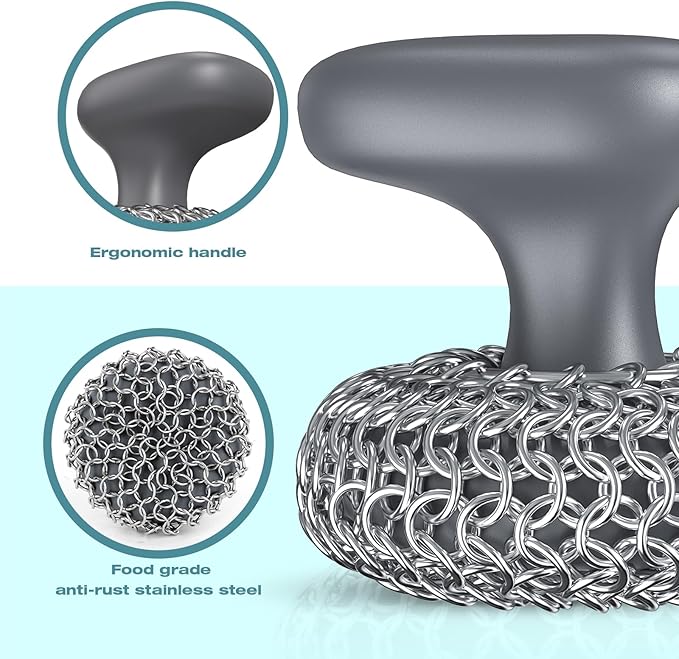 Cast Iron Scrubber | Dish Scrub Brush | 316 Cleaner Chainmail Scrubber for Cast Iron Pan Skillet Cleaner - Dish Scouring Pad Dishwasher Safe Cleaning Kit, Grey 02