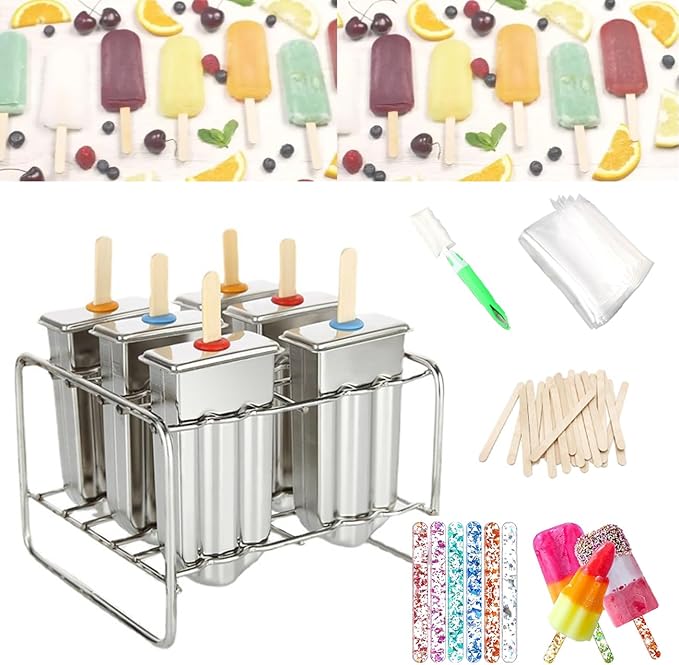 Set of 6 Stainless Steel Popsicle Molds Kit, Metal Popsicle Moulds,Homemade Ice Treat Makerwith 50 Wooden Sticks and 6 Silicone Seals and 20 Pop Bags,Cleaning Brush（semi-circular）