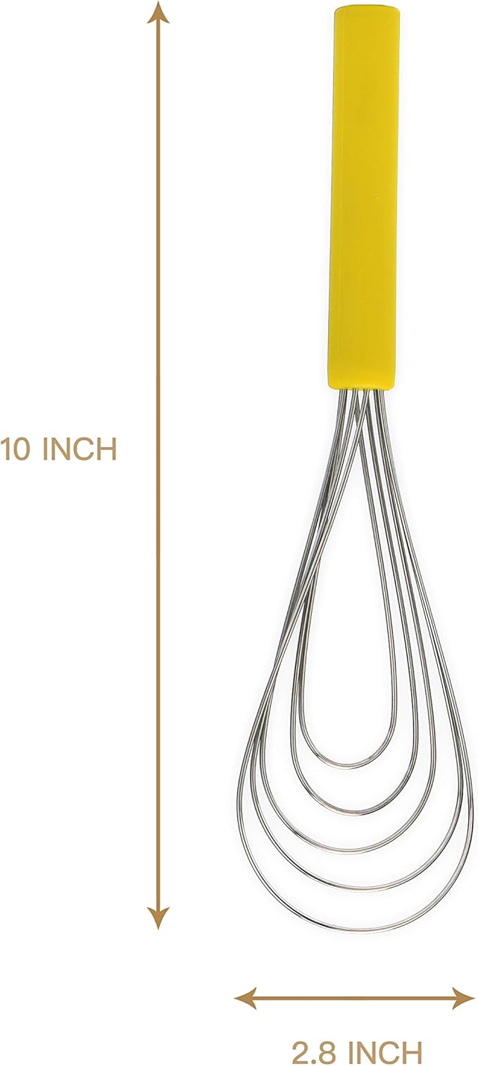 Flat Whisk Silicone Handle Non Slip 10" - 5 Wires Whisk with 10 Heads for Kitchen Cooking by Jell-Cell (Yellow)