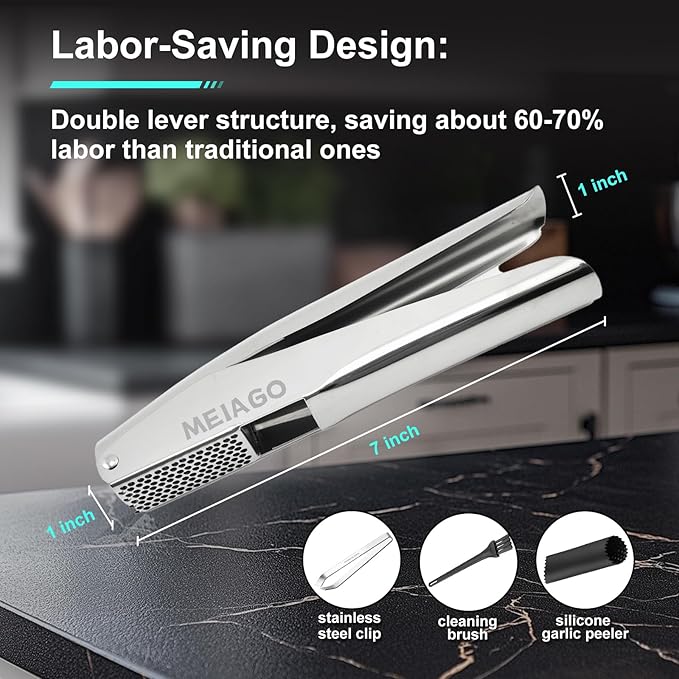 Garlic Press, Stainless Steel Garlic & Ginger Crusher, with Built-In Cleaner, Rust Resistant, No Peel, Large Capacity, Easy Clean，Dishwasher Safe，Silver