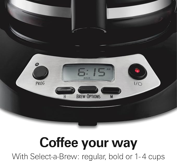 Hamilton Beach 12 Cup Programmable Drip Coffee Maker Machine, Regular & Bold Brew Options, Auto Pause and Pour, Glass Carafe, Black with Stainless Accents (46299J)