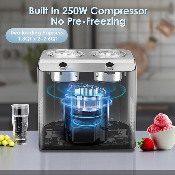Homtone 2 Flavor Ice Cream Maker,Automatic Compressor Ice Cream Maker Machine with 2 Bowls,2.6QT (2 x 1.3qt) Largest Capacity & Fastest Freezing Ice Cream Machine, 3 Modes, Keep Cool Function