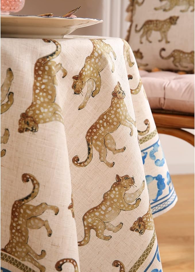 patdrea Designer Linen Long Rectangular Table Cloth,Vintage Leopard Animal Soft Breathable Tablecloth,Fall Dacorative Cover for Kitchen Dining,Christmas,Parties,Holiday,Thanksgiving,63"x94"-from