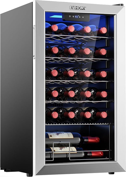 EUHOMY 25 bottle Wine Cooler Refrigerator, Freestanding Compressor Wine Fridge with Adjustable Temperature and Digital Control, Mini Fridge with Glass Door for Red White Wine, Beer, Silver