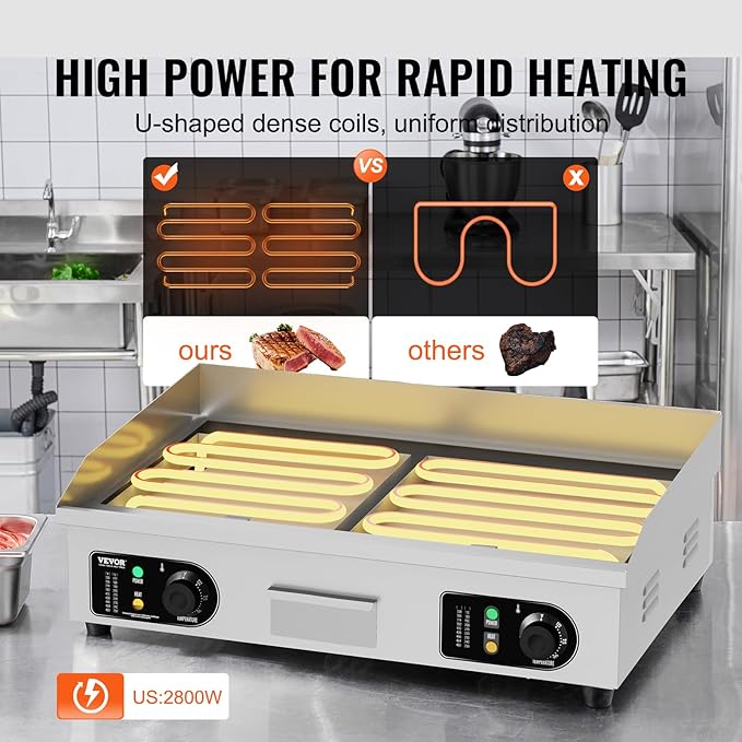 VEVOR Commercial Electric Griddle, 2800W Countertop Flat Top Grill, 122℉-572 ℉ Adjustable Temp, 29in Stainless Steel Griddle Grill with 2 Shovels and 2 Brushes for Home or Restaurant(110V No Plug)