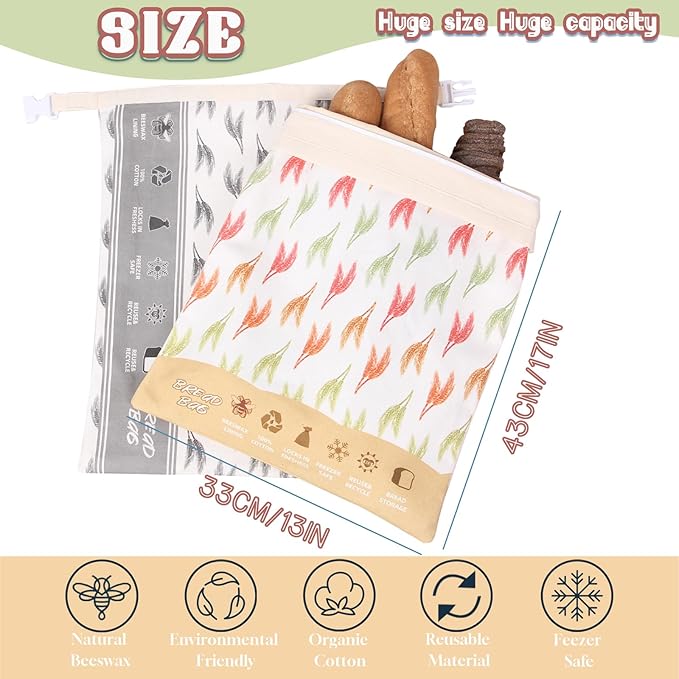 2 PCS Bread Bag - Reusable Beeswax Bread Bags,with Beeswax Lining,with Sealed Zipper Lining,Double Locking,Keep Food Fresh - Freezer Storage Bags for Baking enthusiasts Lovers