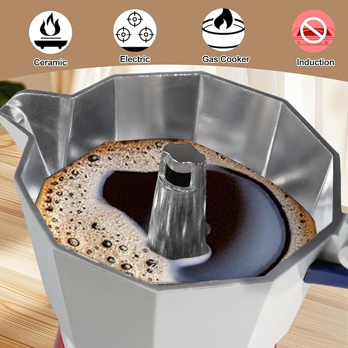 Aluminum 3 Cup 150ml Moka Pot Express Coffee Maker Stovetop Espresso Colorful Coffeemaker Italian Classic Style Brewing Greca Cafe Mocha Machine for Cafeteras Lover Camping Travel and Home Use 5oz