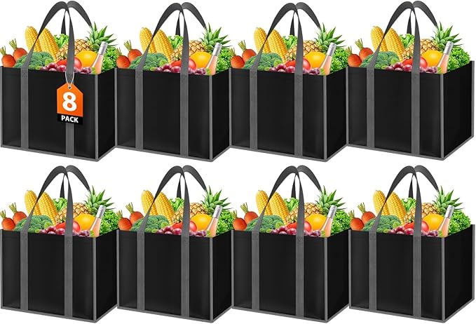 SpaceWhisper Reusable Grocery Bags with Long Handles [8 Pack] - Multipurpose Large Shopping Bags for Groceries, Foldable Grocery Totes Resist Water & Stains for Kitchen, Car Trunk, Picnic (Black)