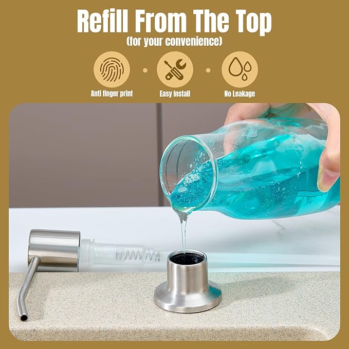 Built in Soap Dispenser for Kitchen Sink Countertop, Brushed Nickel Stainless Steel Soap Dispenser Pump Head Refill from the Top with 11 Ounce Transparent Soap Bottle