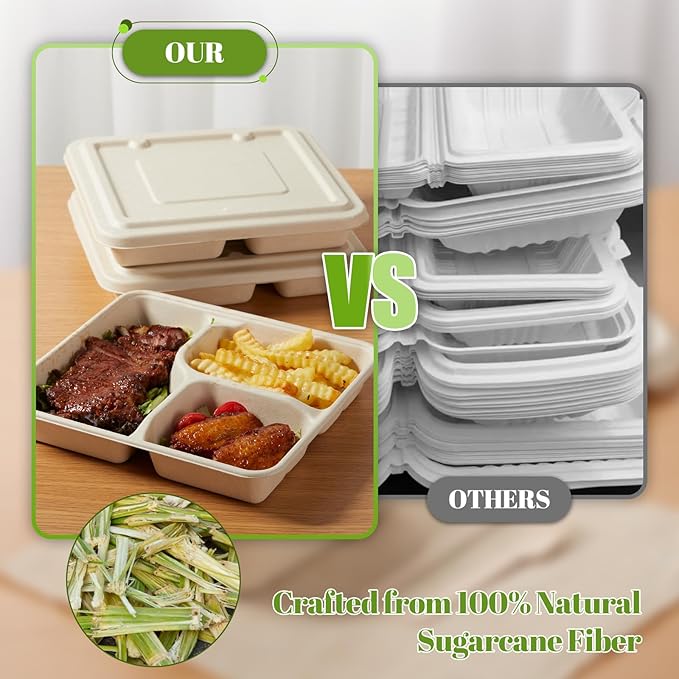 [100% Eco-Friendly] 3 Part Compartment Disposable Food Containers with Lids - Sugarcane Pulp Take Out Boxes, Biodegradable, Compostable, Microwave Safe Lunch Containers - Pack of 50 (Large)