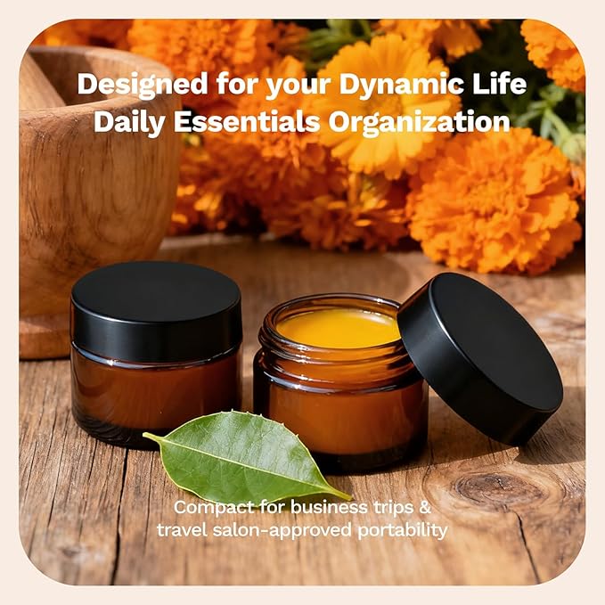 1 oz Glass Jars with Lids, Bumobum 48 pack Amber Cream Jars with Black Lids, Black and White Labels & Inner Liners, Empty Cosmetic Containers for Homemade Balms, Lotion, Salve, Ointment, Body Scrub