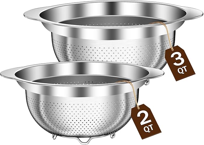 Stainless Steel Strainers for Kitchen, Stainless Steel Colander, Kitchen Strainer for Pasta Fruit Veggie Hot Food, 2 Pack Strainers and Colanders(2QT & 3QT), Dishwasher Safe, Silver