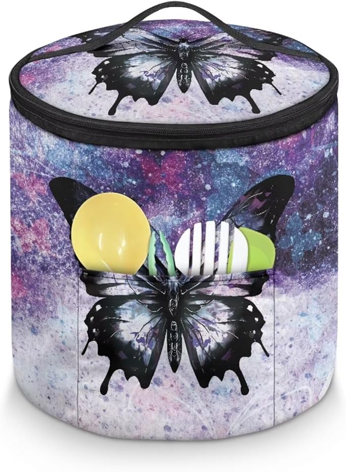 Purple Butterfly Electric Pressure Cooker Insulation Bag Smooth Flat Surface Pressure Cooker Storage Bag with Handle and Pockets