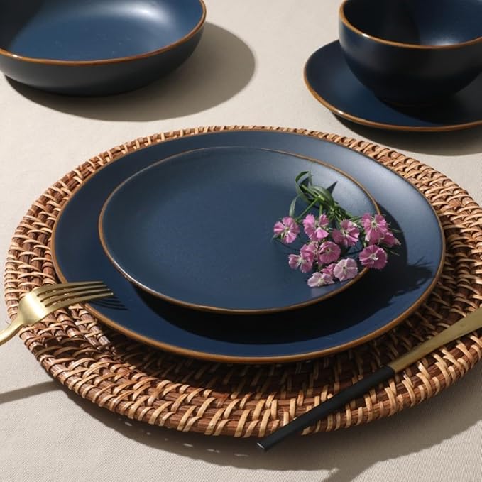 Gibson Home Hazeltine 16-Piece Navy Blue Stoneware Dinnerware Set – Plates and Bowls, Durable Ceramic Kitchen Dinner Set