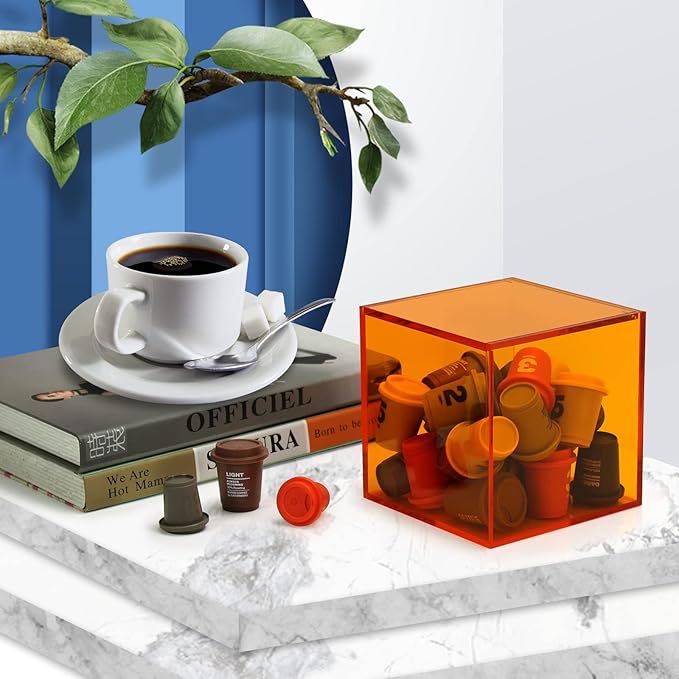 Coffee Capsule Storage Box Coffee Pod Holder Organizers Accessories Anti Dust Durable Clear Acrylic Box for House and Office Use, Orange, 5x5 In