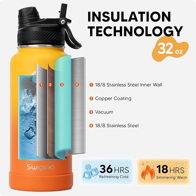 Swigina [2-IN-1 LID] Insulated Water Bottle with Silicone Boot (36hrs Cold/18hrs Hot) - DIY Stickers, Leakproof, BPA Free, 32 oz