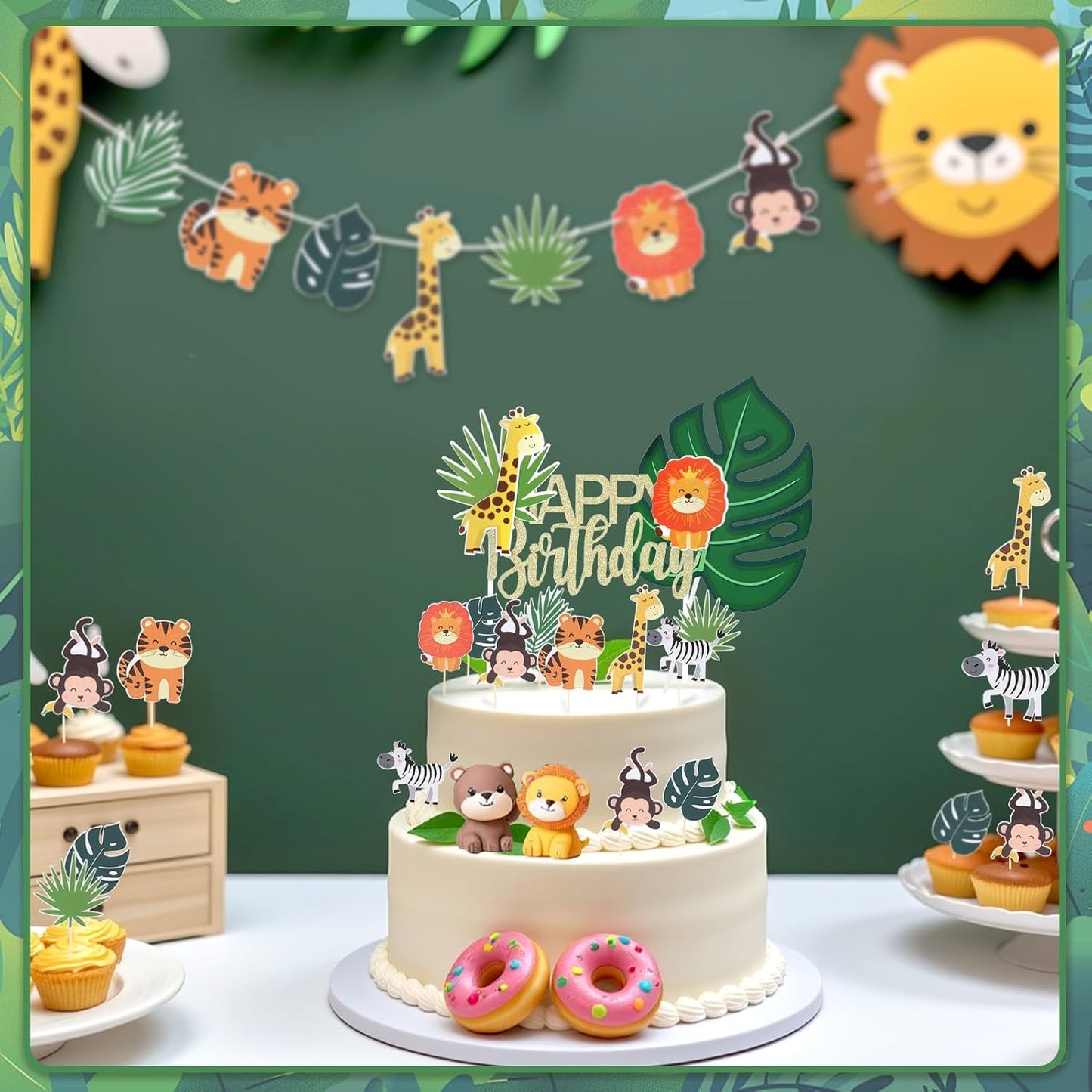 Safari Animal Cake Topper, Wild One Birthday Decorations,Safari Baby Shower Decoration,with Tropical Leaves,Cute Jungle Animals Cake Decor, for Girls Boys, Wild Theme Birthday Party Supplies