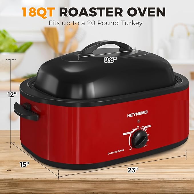 18 Quart Roaster Oven with Self-Basting Lid, Electric Turkey Roaster Oven with Defrost & Warm Function, Adjustable Temperature, Removable Pan & Rack, Stainless Steel, Red