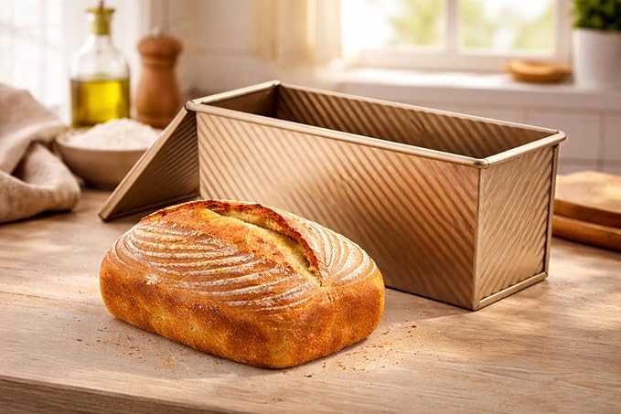 Bread Pan, 13 * 5inch Aluminized Steel Non-Stick Rectangle Pullman Loaf Pan with Lid, Long Sourdough Bread Loaf Pan for Homemade, Deep Bread Tin with Dough Scraper Cutter