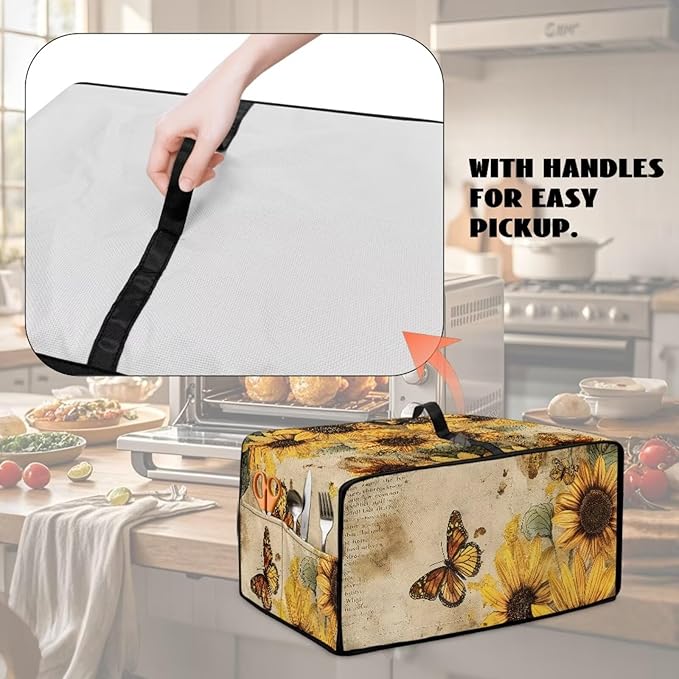 Convection Toaster Oven Cover with Pockets, Easy to Clean, Smart Microwave Baking Oven Dust Cover for Countertop, L, 18.5 x 22.5 x 13 inches, Retro Sunflower Butterfly