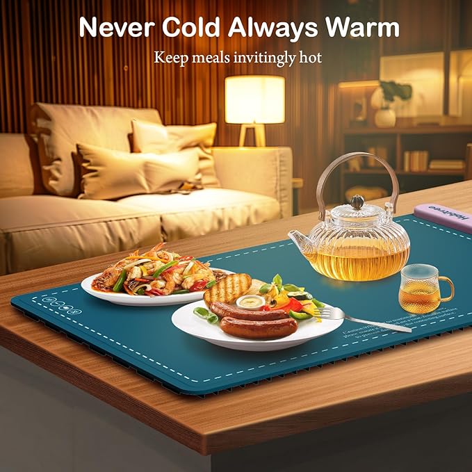 Warming Silicone Mat for Food - Day Gifts Kitchen Gadget, Graphene Rapid Heating, Warming Tray with 6-Level Temp Control, Rollable, Easy Clean - Ideal for Parties, Gatherings (Peacock blue)