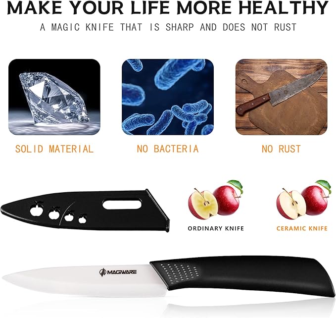 Paring Knife, Classic 4 inch Ceramic Paring Knife with Sheath Cover, Fruit and Vegetable knife,Longer Sharp Rust Proof Stain Resistant