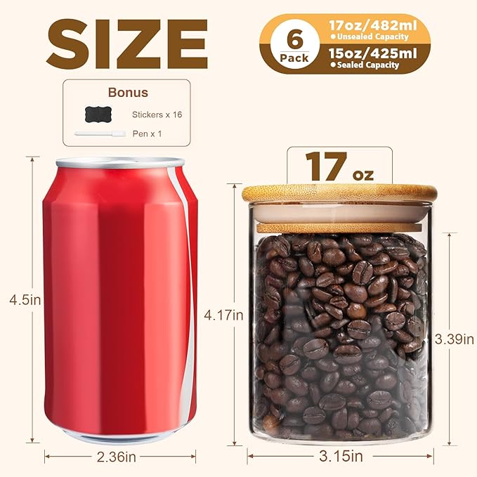 SHOWIN 17oz Glass Food Storage Jars, Glass Jars with Bamboo Lids, Kitchen Storage Jars, Set of 12, Canisters with Airtight Lids for Spice, Coffee, Cookie, Pantry Organizers