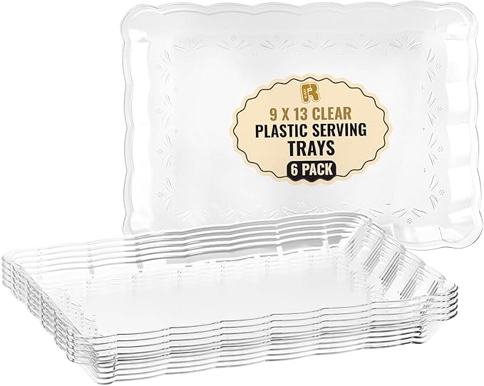 6 Pack Clear Plastic Serving Trays for Party, 9 x 13 Inch - Heavy Duty Plastic Trays for Food - Rectangular Party Serving Trays and Platters - Clear Disposable Trays