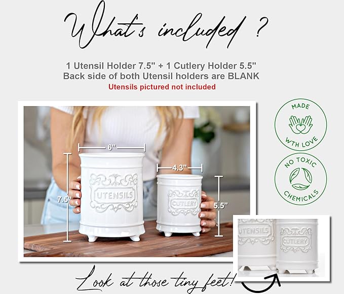 25DOL Large 7.5"+5.5" Elegant Ceramic Utensil Holder for Countertop, Cooking Utensils Organizer for Spatula, Large Utensils Crock for Kitchen Counter, Kitchen Decor, set of 2, White